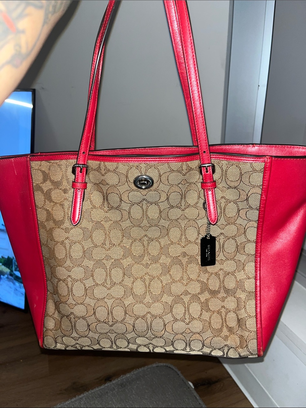 Coach Beige Signature Canvas Tote with Red Leather Trim